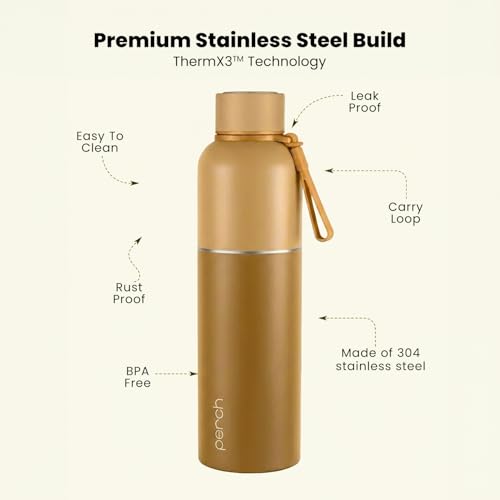 Image of Perch Water Bottle 1 LTR Stainless Steel | Crafted by Pexpo | Hot and Cold Flask | ISI Certified | Vacuum Insulated | Leak Proof Lid | for Office, School, Gym, Home & Travel | Zenith 1000ml | Brown