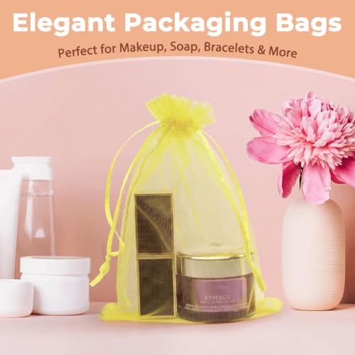 Image of Crweety 50PCS Organza Bags 4x6 Yellow Small Gift Bags Mesh Drawstring | Party Favor Goodie Bag Bulk, Jewelry Sachet Candy Treat Soap Makeup Pouches, Wrap for Wedding Baby Shower Birthday Halloween