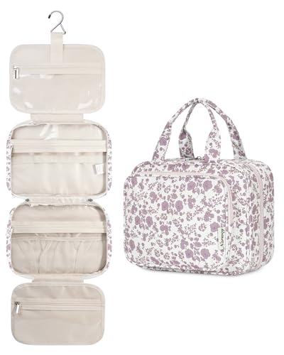 Image of Narwey Large Hanging Toiletry Bag Travel Makeup Bag Cosmetic Organizer for Women and Girls, ZZ-Little Dusty Pink Flower, Medium