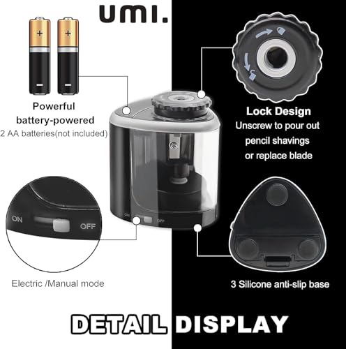 Image of Amazon Brand - Umi Electric Pencil Sharpener, Portable Battery-Powered Sharpener with Transparent Shavings Box, Fits 6-8mm Pencils, Dual Automatic & Manual Modes for School, Office, Home Use (Black)