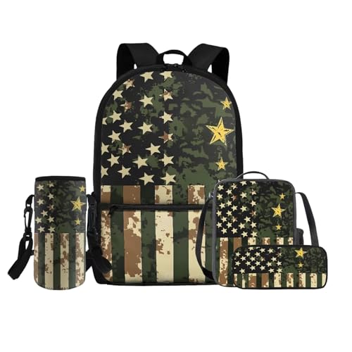 Rnyleeg American Flag Boys Backpack Ages 6-8 8-10 Army Green Kids Bookbag and Lunch Box Set 17 inch School Backpack Set 4 in 1 for Primary Middle Back to School Gifts