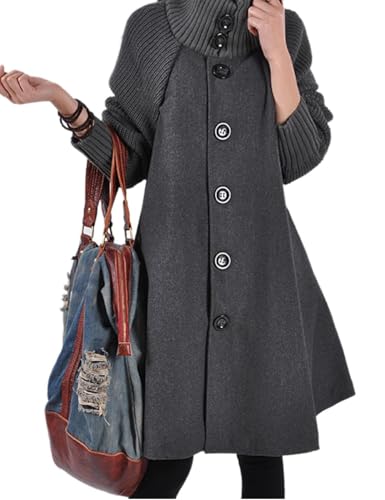 Sexyshine Women's Mid Long Length Single Breasted Cowl High Neck Loose Button Down Woolen Cloak Coat Jacket2
