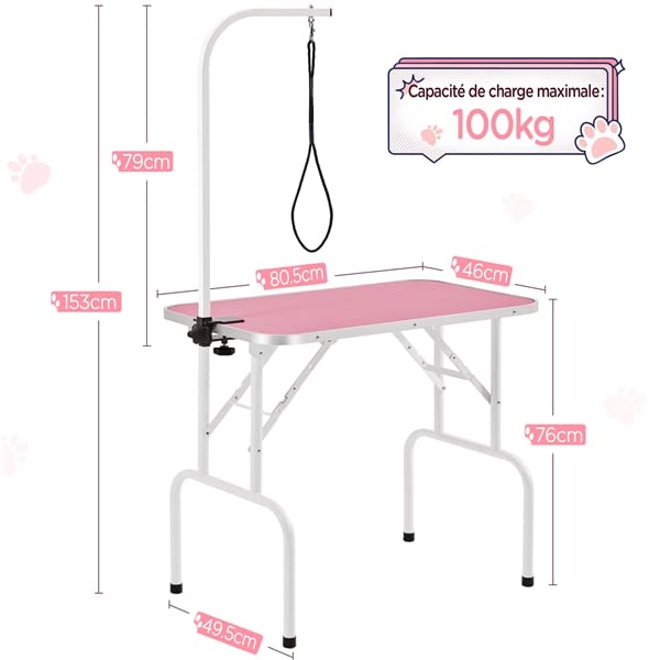 Abician Table de Toilettage pour Chien/Chat/Animaux Table de Toilettage Portable avec Potence Réglable Sangle Plateau Antidérapant 80,5× 46 × 76 cm Charge Maximale de 100 kg Rose