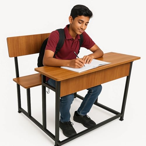 Image of ALKOSIGN Student Classroom Bench Without Shelf - Prelam Particle Board Top with Metal Frame | Durable, Ergonomic Seating for 2 Students | Ideal for Study (Black Powder Coating 100 CM) (Natural Teak)