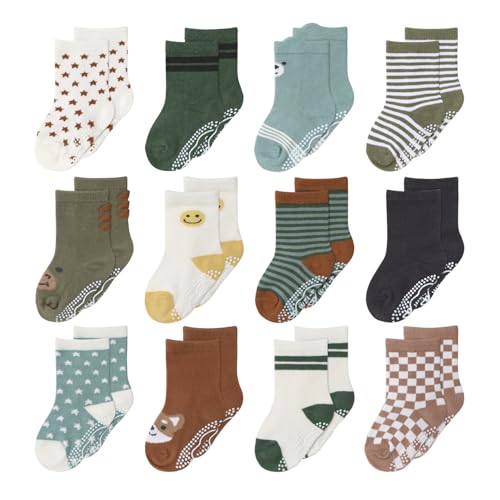 The Peanutshell Organic Neutral Baby Socks for 3-12, 12-24 Months Baby Boy & Girl - Non-Slip Grip, Soft and Breathable 100% Cotton Baby Crew Socks - Comfortable Design - Neutral