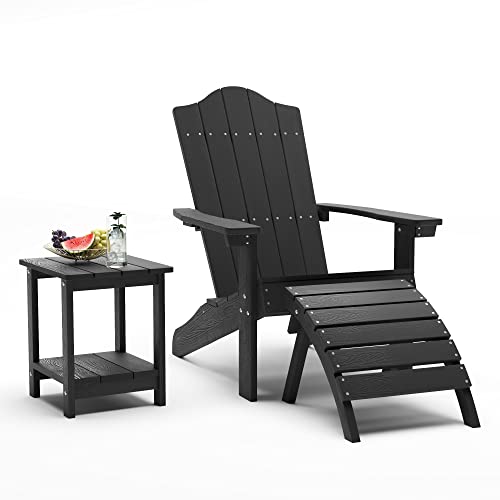 Lue Bona Poly Adirondack Chairs Set| Including 1 Adirondack Chair 1 Ottoman And 1 Outdoor Side Table | Plastic Adirondack Chair For Pool,Fire Pit, Deck, Patio, Backyard, Black #TOP26