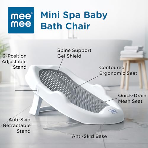 Image of Mee Mee Mini Spa Baby Bath Chair with Spine Support Gel Shield & Adjustable Recline | Anti-Skid Base, Quick-Drain Mesh, BPA-Free Ergonomic Bath Seat for Newborns & Infants, Portable Design