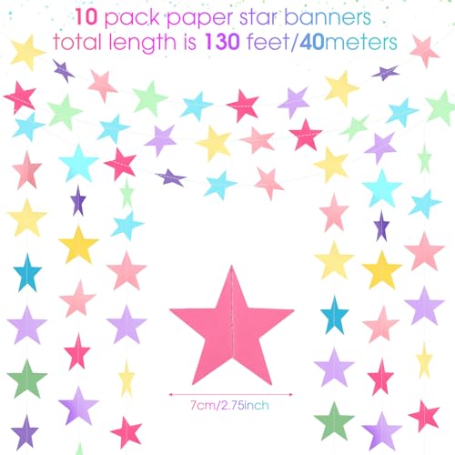Image of Patelai Glitter Star Garland Banner 2026 Party Decor 130 Feet Star Hanging Streamers Twinkle Backdrop for Classroom Birthday Graduation Wedding Supplies(Macaron Color)