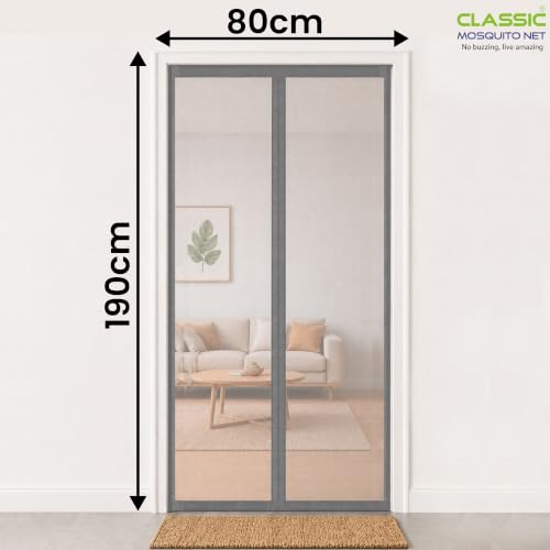 Image of Classic Mosquito Net for Doors with Magnets | Tear-Resistant Fiberglass Mesh | Auto-Close Magnetic Screen Door, Balcony & Kitchen | DIY Installation | Protection Insects (190 x 80 cm,Grey)