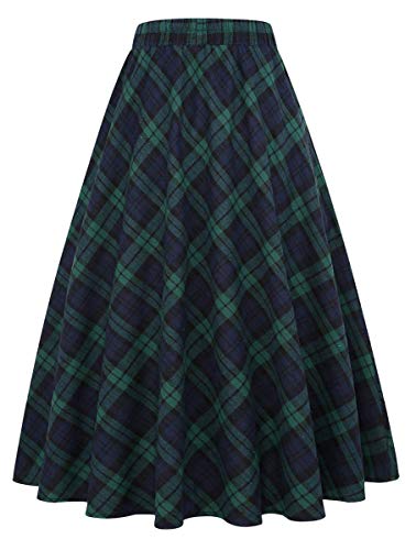 IDEALSANXUN Womens Plaid Skirt Elastic Waist A-line Midi Pleated Skirts (Medium, Green)