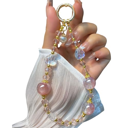 Lifciuso Sparkling Pink Crystal Phone Charms With Round Pearl Charms - Elegant Beaded Wrist Strap & Secure Phone Chain For Women, Anti-Theft Hands-Free Detachable Accessory For Phones And Cameras