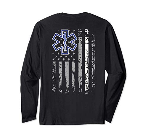 Thin White Line EMS EMT Paramedic American Flag Back Print Long Sleeve T-Shirt