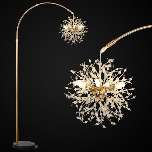 Airposta Gold Floor Lamp for Bedroom with K9 Crystal, Modern Arc Floor Lamps for Living Room, Mid Century Over Couch Arched Standing Lamp, Adjustable Tall Lamp for Girls Room Decor, Office, Corner