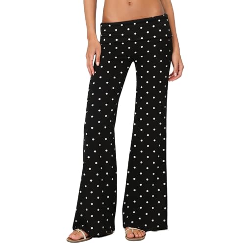 Image of Lounge Yoga Pants for Women Fold Over Low Waist Wide Leg Bell Bottoms | Y2K Foldover Pants, Flare Leggings, Low Rise Yoga Sweatpants