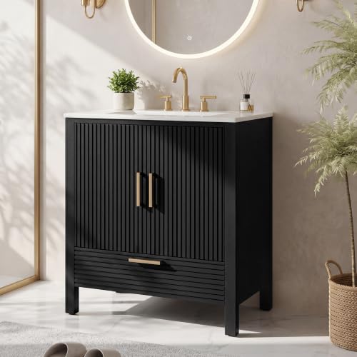 Tribesigns 30-Inch Bathroom Vanity with Sink, Modern Bathroom Sink Cabinet with 1 Drawers & 1 Door Cabinet, Bath Storage Vanity Sink with Metal Handles, Solid Wood Frame, Paint Surface Black by Tribesigns - Used condition - Image 9