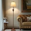 Traditional LED Floor Lamp with 350° Adjustable Swing Arm Lamp – Vintage Standing Pole lamp for Living Room, Bedroom and Office – Rustic Upright Floor Light for Home Décor with Faux Silk Fabric Shade