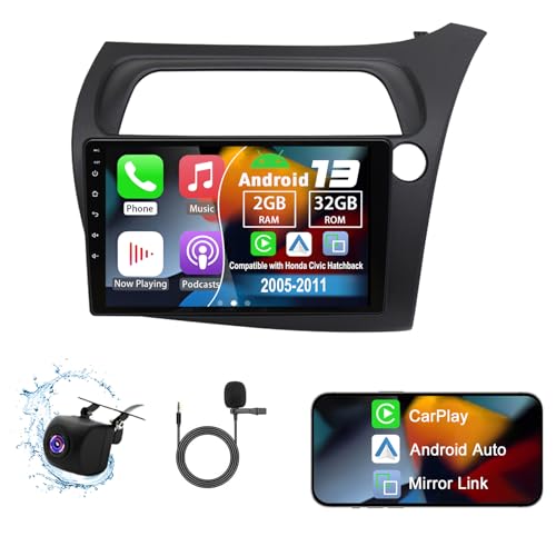 Slakerbe Android 13 Car Stereo Compatible with Honda Civic Hatchback 2005 2006 2007 2008-2011, 2G+32G 9" Touch Screen Car Radio Stereo with Wireless Carplay Android Auto GPS WiFi Mic Backup Camera