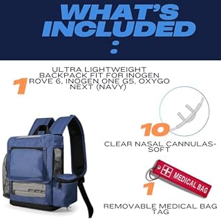 Ventilated Ultra Lightweight Backpack Compatible with Inogen Rove 6, Inogen One G5, OxyGo Next, Bundle with (10) 4ft cannulas, Medical tag Backpack fits Single or Double, Zippered Bottom (Navy)