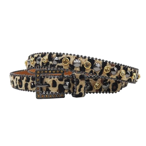 Stylish Animal Print Leather Belt For Women Popular Rivet Studded Rhinestones Buckle Waist Belt For Adult All Matching