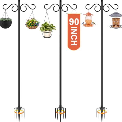 Image of RCUICA Double Shepherds Hooks for Outdoor,3 Pack 90 Inch Bird Feeder Pole with 5 Prongs Base,Heavy Duty Shepherds Hook,Suitable for Garden in Hanging Flower Basket,Lantern,Bird Nests (3 Pack 90 inch)