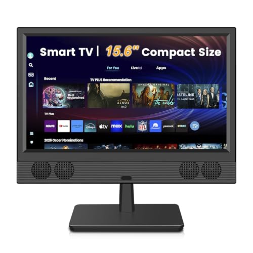 Feihe 15.6 Inch Small Smart TV - Full HD 1080p Compact Flat Screen Smart Television with Wi/Fi, Bluetooth, Voice Remote for Kitchen, Bedroom, RV
