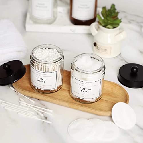 KUSVADO-2-Pack-Bathroom-Apothecary-Storage-Jars-Vanity-Countertop-Canister-Glass-Jars-Q-tip-Holder-Cotton-Swab-Container-Bathroom-Storage-Container-with-8-Pcs-Waterproof-Labels-9-Oz-Clear
