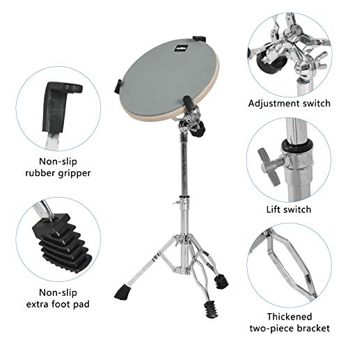 LAGRIMA 12 Inch Professional Silent Drum Practice Pad With Snare Drum Stand Adjustable Kit, Dumb Drum Beginner Rubber Practice Pad, 11.4\'\' Dia Drums，Gray - Thumbnail 6