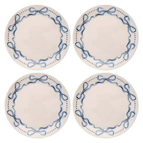 Image of Karma, 8.75 inches Melamine Salad Plates Set of 4, Reusable Dishwasher Safe Plates for Outdoor and Indoor, Blue Bows