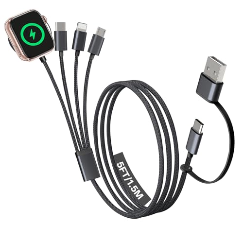 Chargeur pour Apple Watch, 4 dans 2 Câble de recharge multi-cargos pour téléphone, USB C Câble pour iPhone 17-11 iWatch Ultra 10-2 Galaxy S25-S20 Téléphones Android Kindle, MP3-Black,5FT