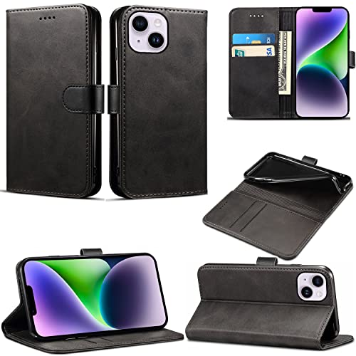 EKAM Case Compatible With iPhone 14 Leather Wallet Book Flip Folio Stand View Cover Magnetic Closure with Card Slots for iPhone 14 [6.1 Inch] (Black)