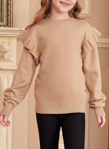 Girls Sweaters Cute Crewneck Ruffle Long Sleeve Knit Pullover Sweater Tops 6-15 Years3