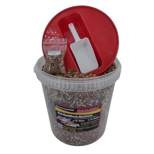 Sahawa Premium Koi Goldfish Multimix - Alimento de verano para peces de jardín, incluye pala y gusanos de la harina seca, alimento para peces Koi, peces de colores (cubo de 10 L)