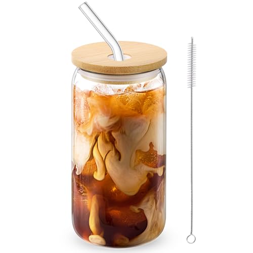 Image of Glass Cups with Lids and Straws, 16oz Drinking Glasses, Iced Coffee Cups, Glass Tumbler with Lid, Great for Soda Boba Tea Cocktai (1 PACK)