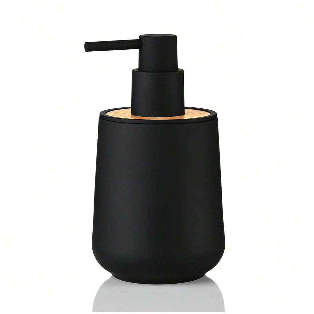 Dispensador jabon Cocina de 320ml, dosificador jabon Cocina para lavaplatos con Madera de bambú, dispensador jabon baño Elegante y Moderno para Gel, dosificador jabon baño Color Negro