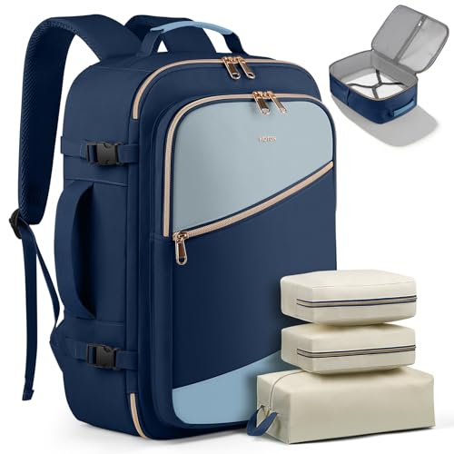 Image of HOTOR Travel Backpack for Women - TSA-Friendly Travel Bag with Multiple Compartments & 3 Packing Cubes, Water-Resistant & Comfortable, Perfect for Travel Essentials, Blue, 17.3 inch x 13.0 inch x 7.9 inch
