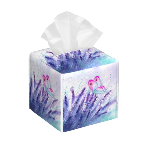Purple Lavender and Butterfly Tissue Box Cover Square,Watercolor Lavender Flowers Tissue Box Holder Waterproof Leather Facial Paper Organizer Dispenser for Bathroom Home Car Nightstand Vanity Desk by sndheke - Used condition - US$12.81
