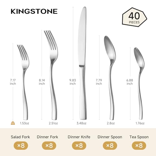 KINGSTONE 40-Piece Silverware Set for 8, Matte Stainless Steel Flatware Set with Forks, Knives, Spoons, Dishwasher Safe, Rust Resistant Cutlery for Home & Wedding