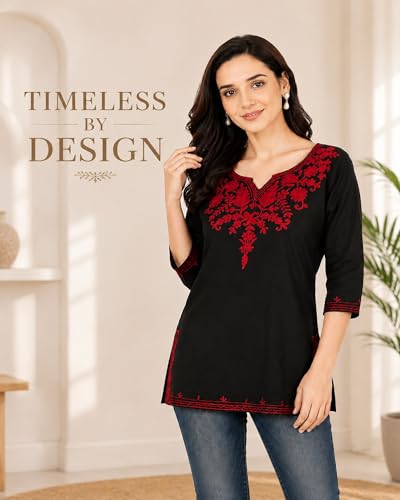 Image of Women's Gulnar Pure Cotton Kashmiri Embroidered A-line 3 /4 Cuff Sleeves Kurti | Short Kurta
