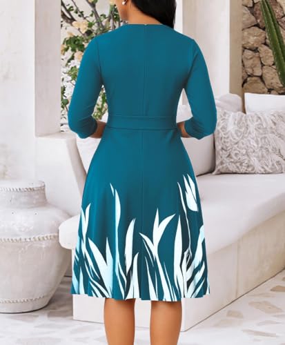 Image of Casual Dresses for Women Midi Church A-Line Fit and Flare Dress Crewneck 3 /4 Sleeve Party Dress