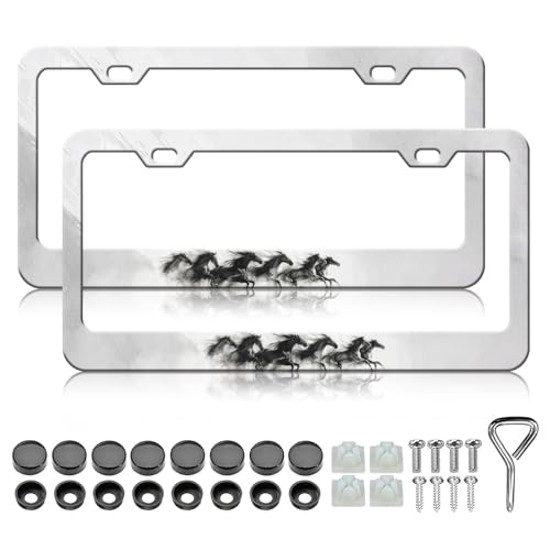 Horse License Plate Frame - 2PCS Black Cool Horse Stainless Steel Metal License Plate Holder, Rust-Proof Waterproof Car Decorative Tag Frames