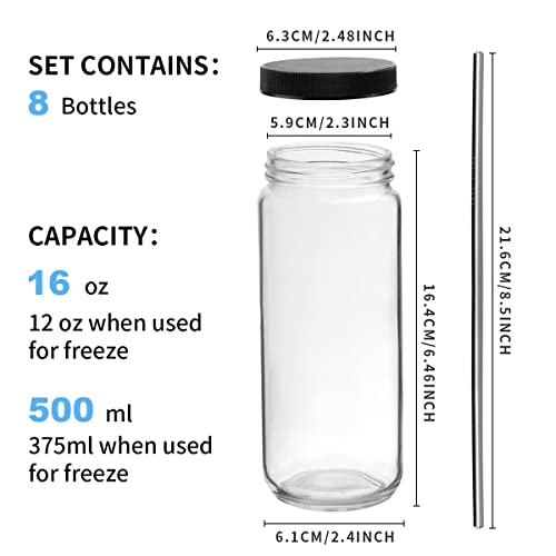 OAMCEG 8 Pack 16OZ Glass Juice Bottles with Lids - Smoothie Cups with Airtight Caps and Straws, Reusable Juice Bottles for Juicing, Glass Drinking Mason Jars Juicing Bottles Travel Bottles Water Cups