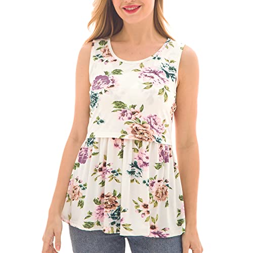 Bearsland Women's Maternity Nursing Tank Tops Sleeveless Scoop Neck Breastfeeding Shirt Pregnancy Clothes,Black&White Stripe&White Flower,M #TOP1