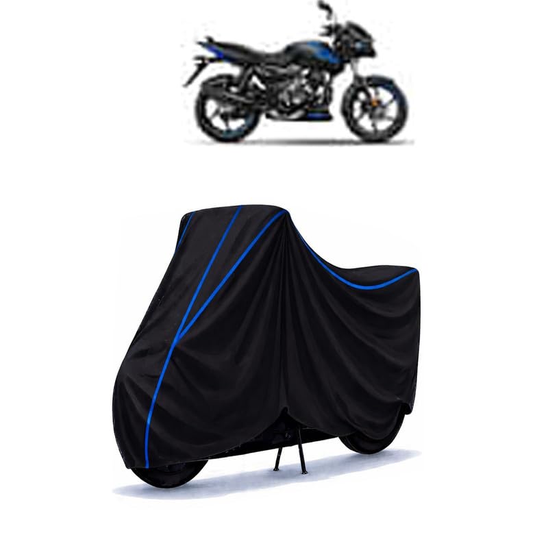 Image of Bajaj Discover 125 Drum Bike Cover Water Resistant Universal Motorcycle Rain | Heavy Duty UV Protection, Dust, Scratch Indoor Outdoor All Weather with Black Blue Piping Elastic