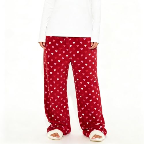 Image of Valentine's Day Flannel Pants Women's Romantic Heart Print Elastic Drawstring Waistband Wide Leg Loose Fit Trousers
