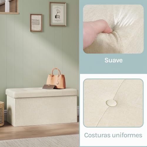 Miniatura 4 de Woltu Puff Baúl Plegable Rectángulo Taburete Para Almacenamiento Otomanos De Lino Caja De Almacenaje Con Tapa Reposapiés Sofá 76x37,5x38 Cm Crem