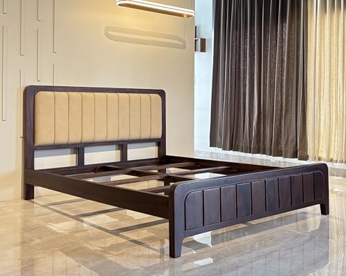 Image of Wood Vestal Sheesham Wood Bed with Upholstered Head & Vertical Slat Foot, Solid Wood in Walnut Finish, Modern Design | King Size - (78 inchx72 inch) Without Mattress & Side Tables | Low Hight | QVG - 6' - D