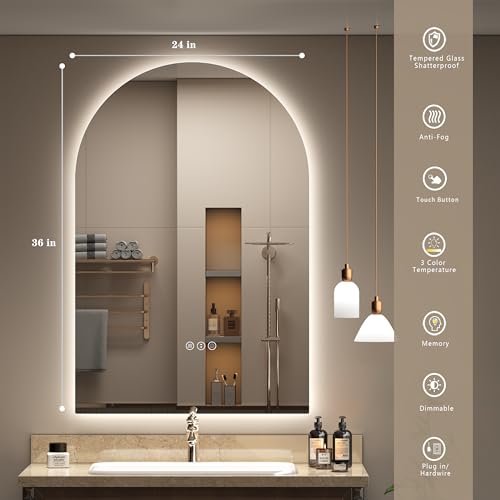 Image of 24x36 Inch Backlit Arched LED Bathroom Mirror | Dimmable LED Vanity Mirror with Lights, Anti-Fog, Shatter-Proof, 3 Colors, Memory, ETL Listed