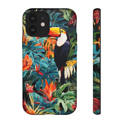 Coque iPhone 12 motif toucan tropical rigide brillante verte