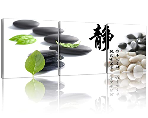 NAN Wind Small Size Traditional Chinese Painting of Zen Stones Canvas Prints 3 Panels Chinese Calligraphy Art Paintings Wall Art Poem Print Painting Framed 20x20inches 3pcs/set