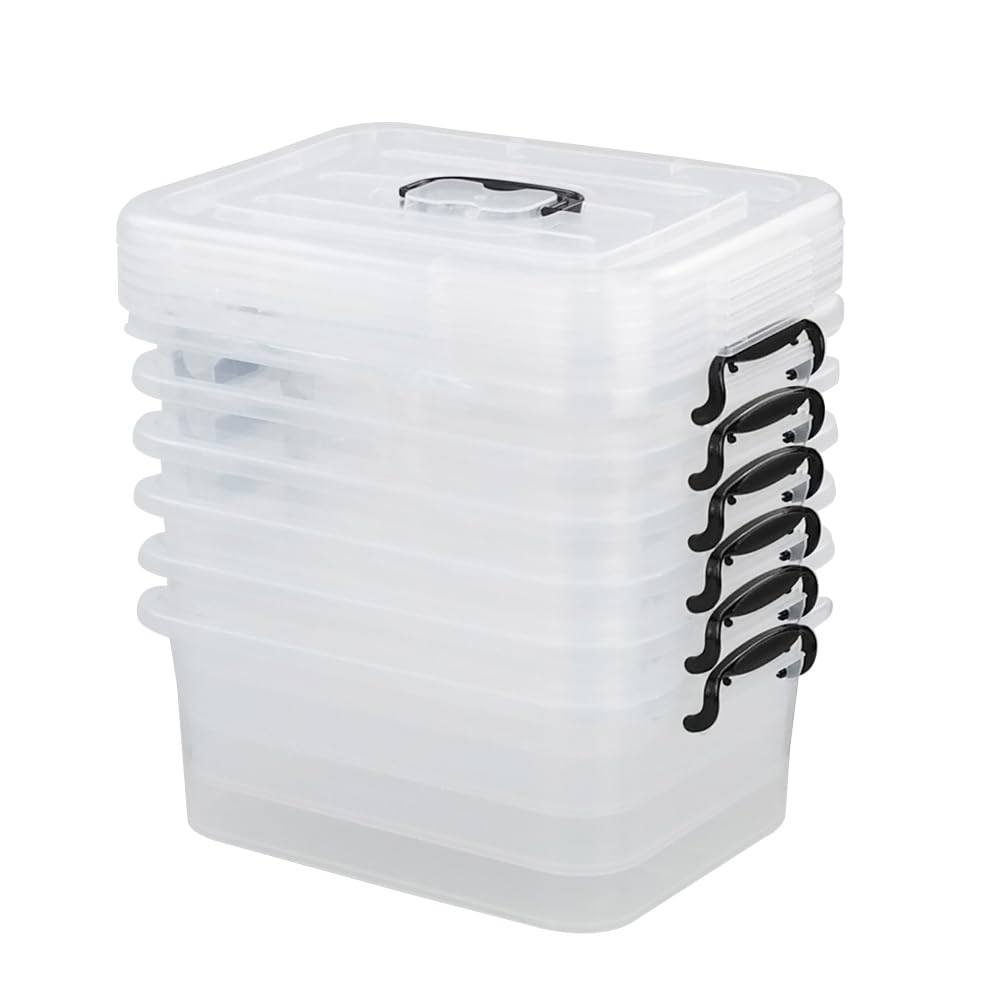 Eudokky 8 Liter Plastic Lidded Storage Boxes, Clear Storage Box with Lid Set of 6